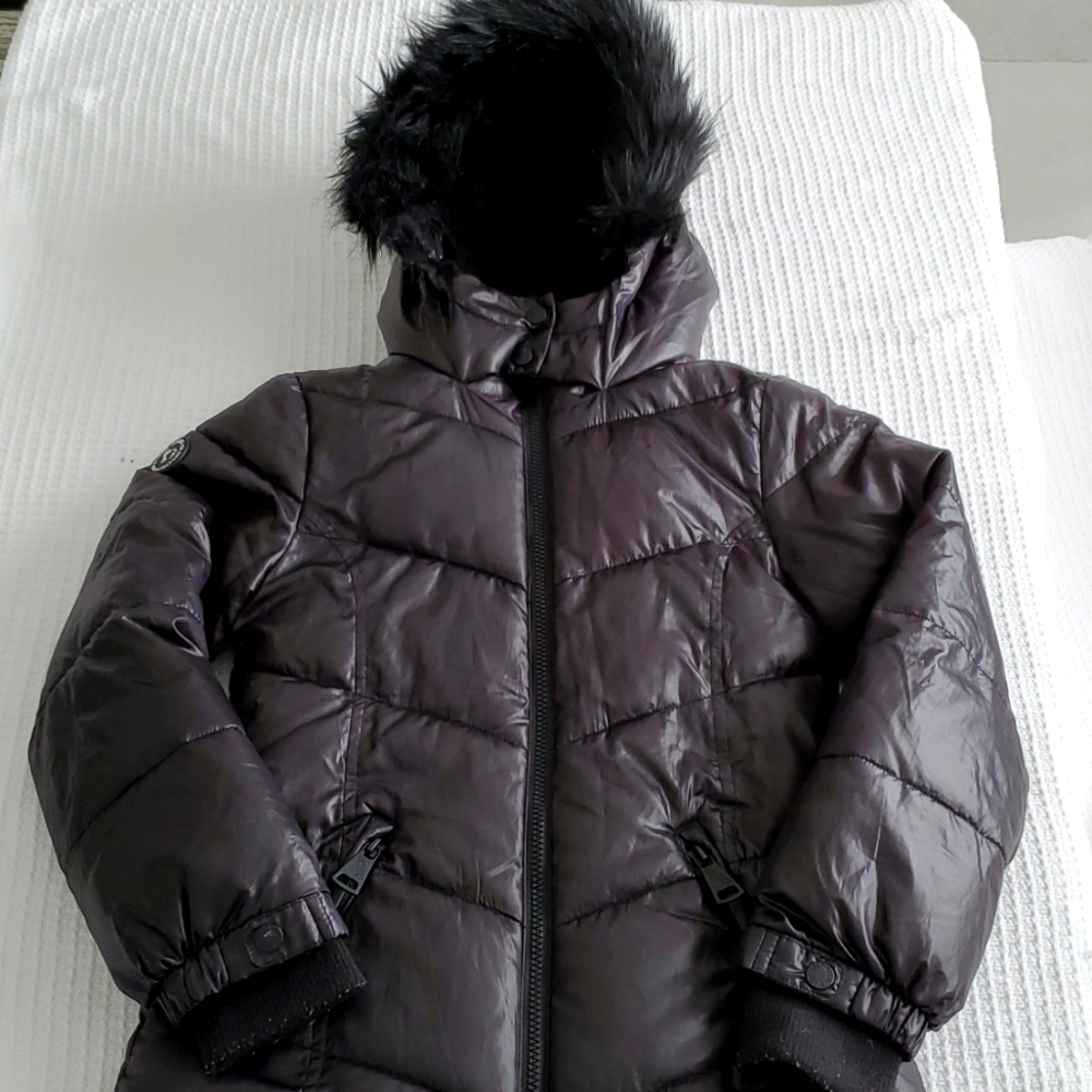 Justice Girls Black Puffer Coat with Black Faux Fur Trim